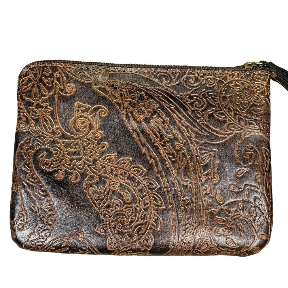 Patricia Nash Dark Brown Tooled 100% Leather Cassini Wristlet - Paisley Design